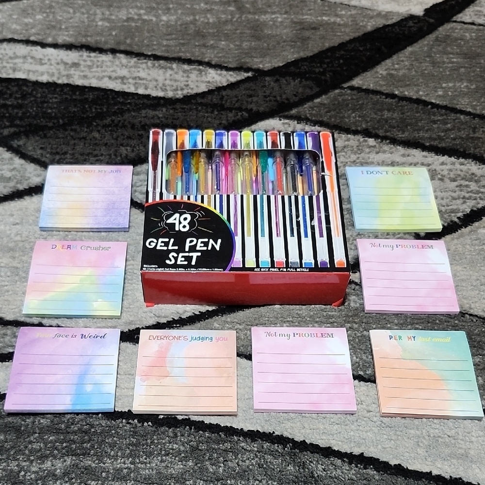 48 GEL PEN SET & 8 FUNNY STICKY NOTEPADS